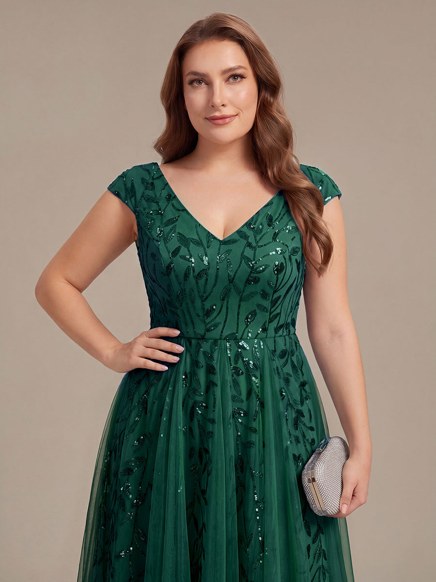 Robe midi sans manches col en V à sequins et coupe évasée #Couleur_Vert Fonce