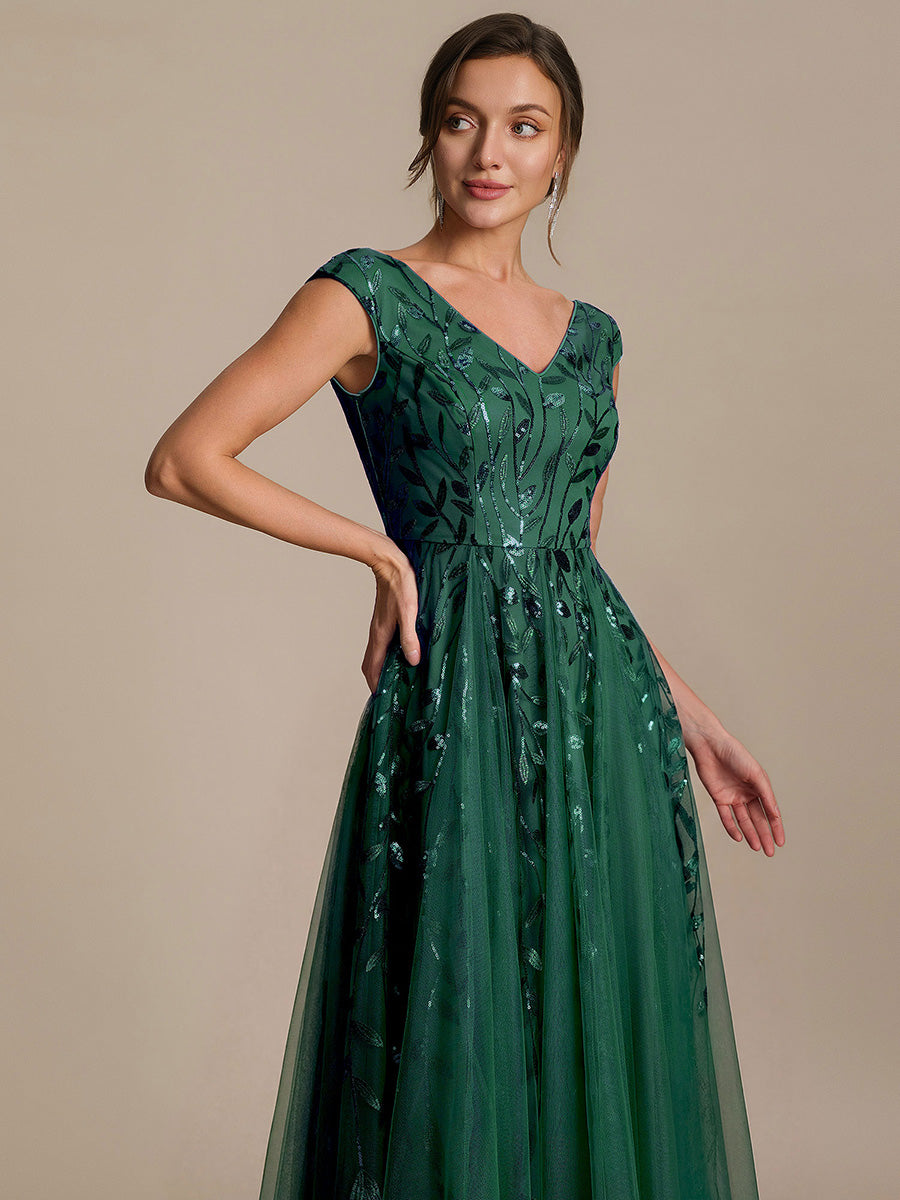 Robe midi sans manches col en V à sequins et coupe évasée #Couleur_Vert Fonce