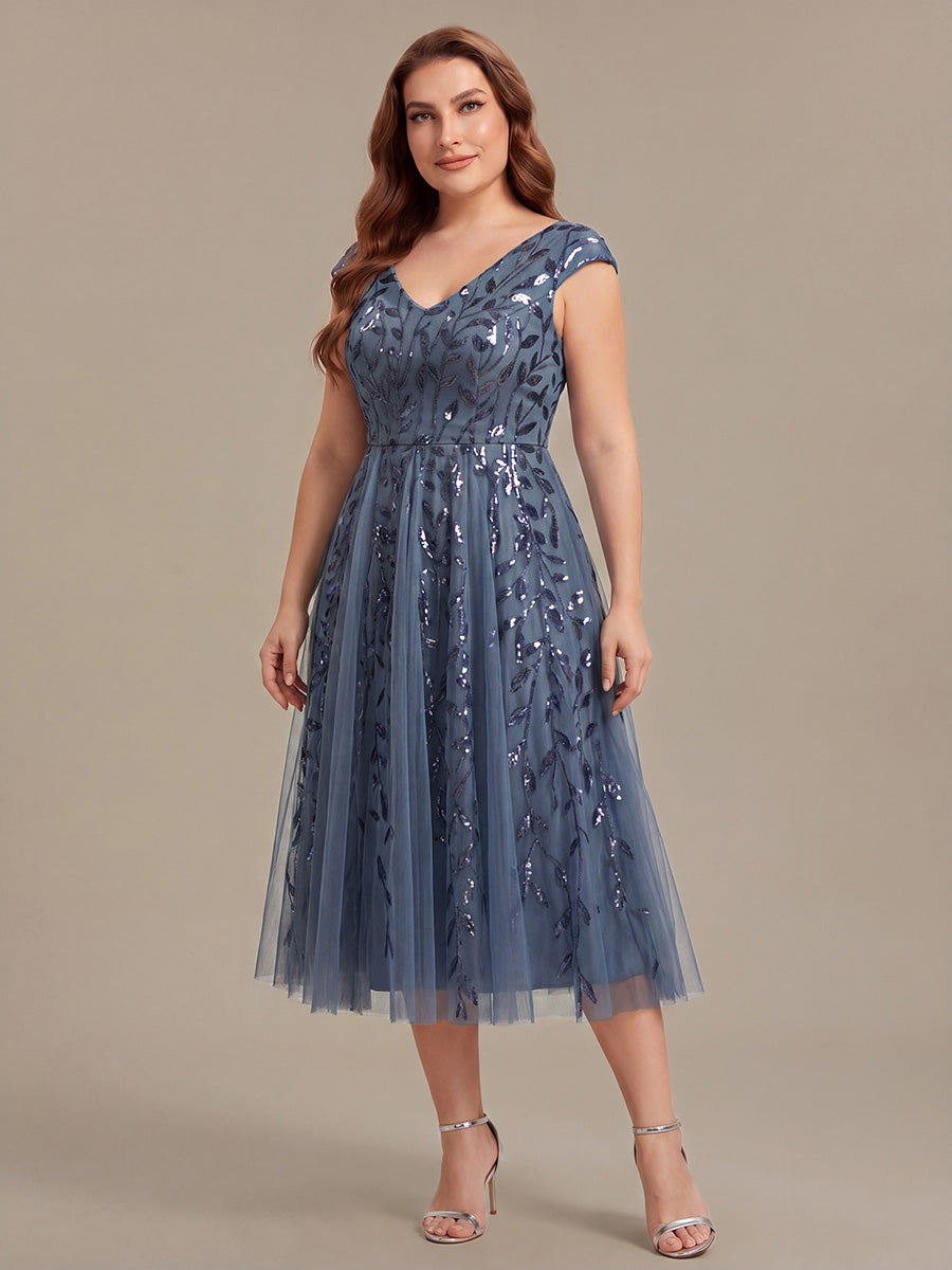 Robe midi sans manches col en V à sequins et coupe évasée #Couleur_Marine Fume