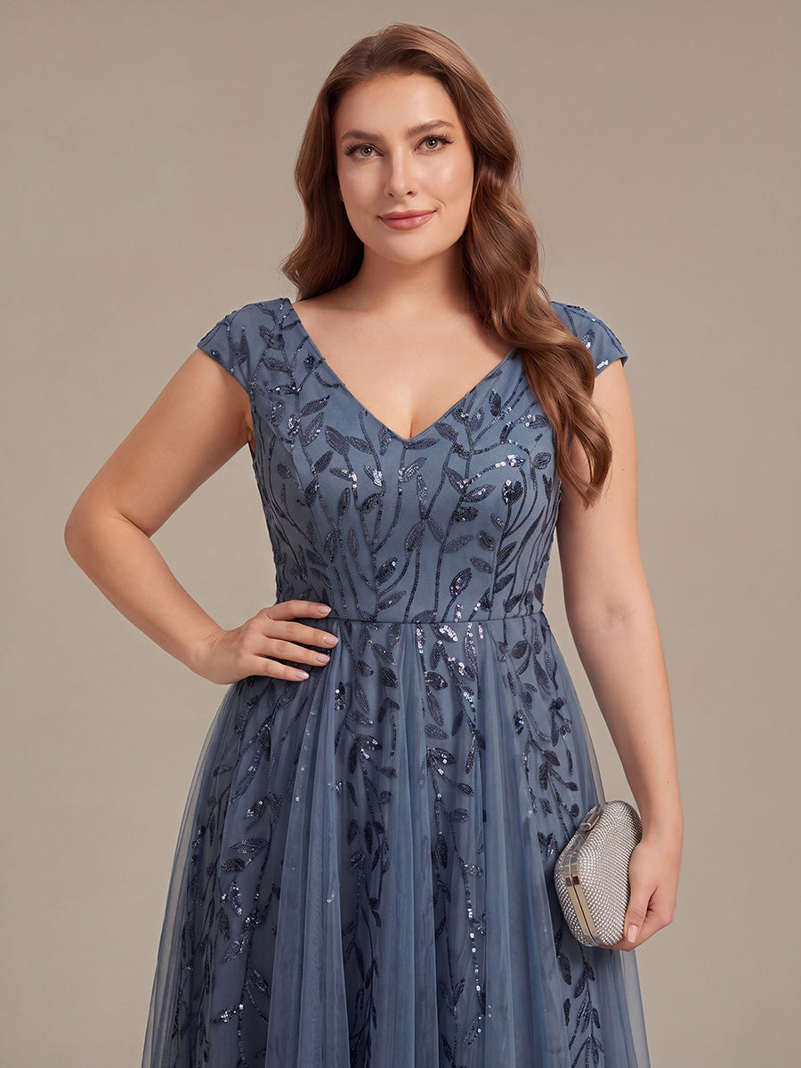 Robe midi sans manches col en V à sequins et coupe évasée #Couleur_Marine Fume