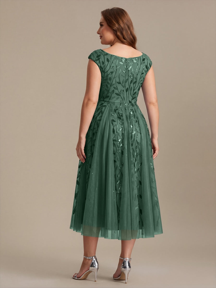 Robe midi sans manches col en V à sequins et coupe évasée #Couleur_Eucalyptus