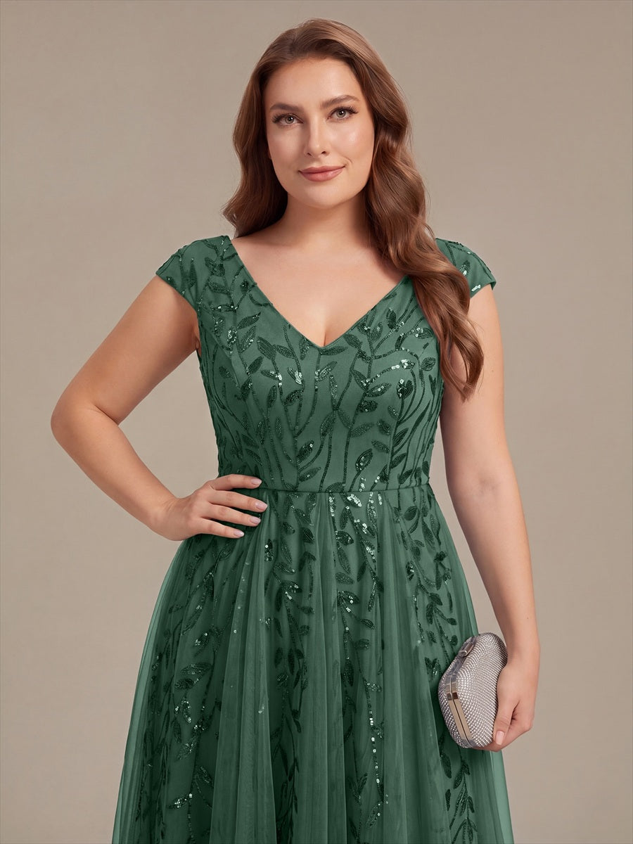 Robe midi sans manches col en V à sequins et coupe évasée #Couleur_Eucalyptus