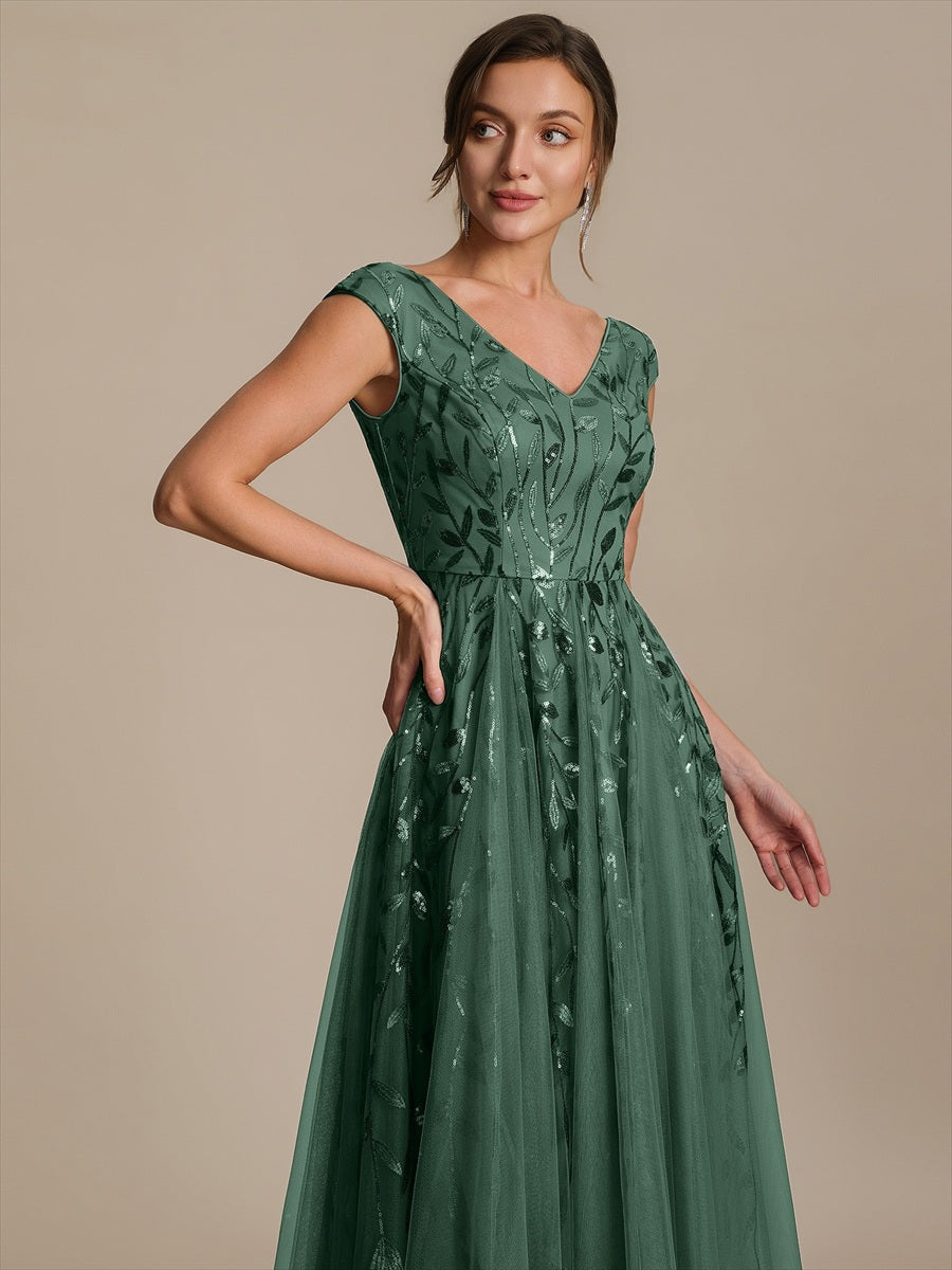 Robe midi sans manches col en V à sequins et coupe évasée #Couleur_Eucalyptus