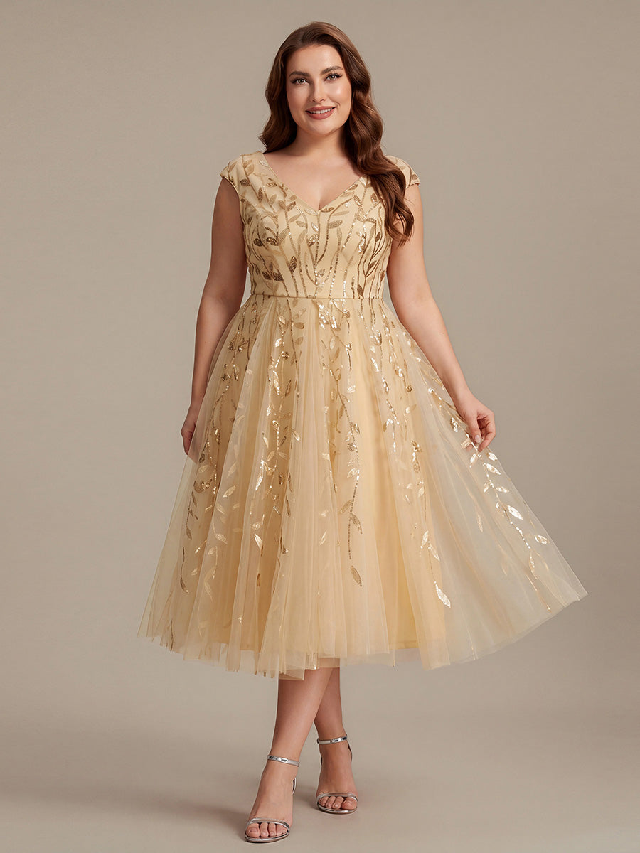 Robe midi sans manches col en V à sequins et coupe évasée #Couleur_Dorée