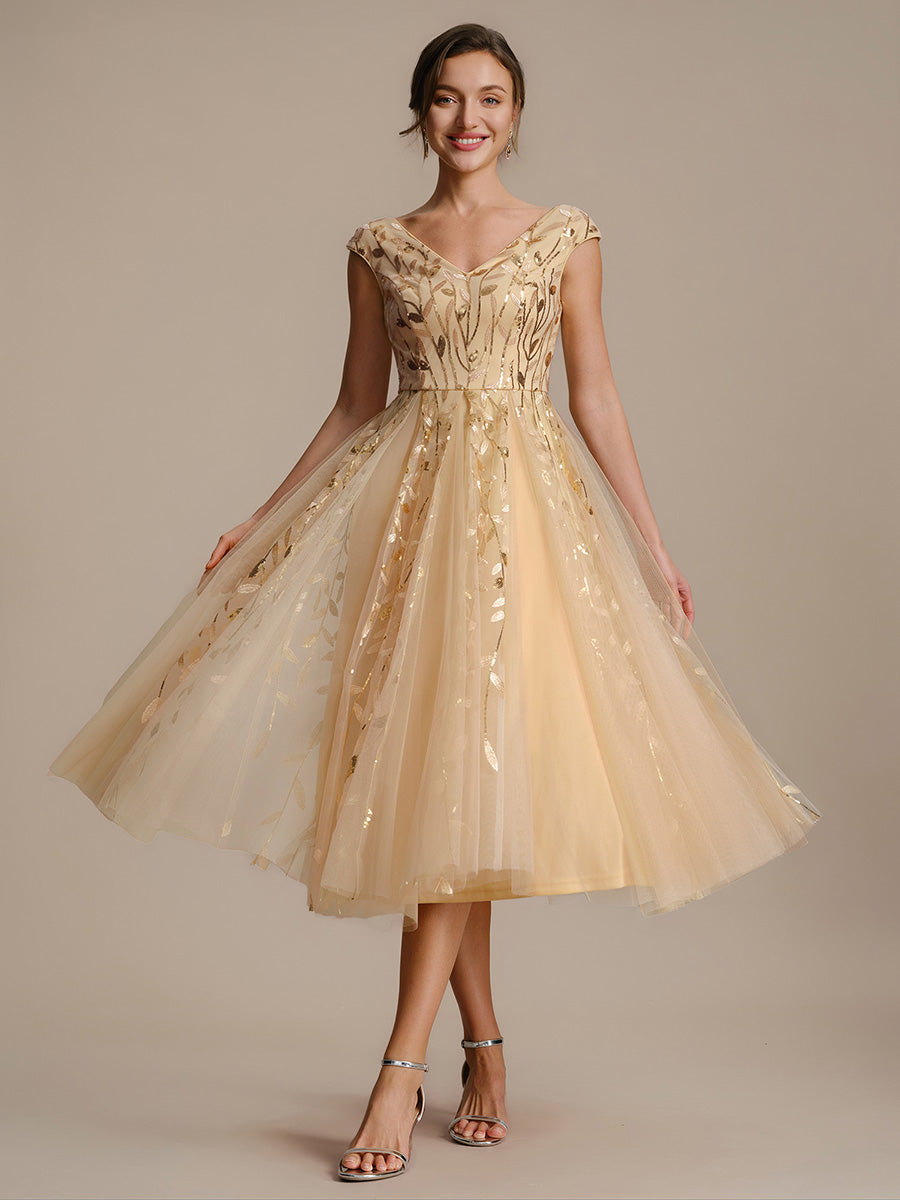 Robe midi sans manches col en V à sequins et coupe évasée #Couleur_Dorée