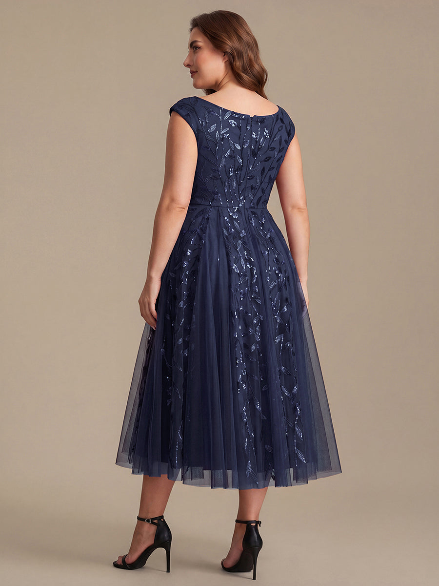 Robe midi sans manches col en V à sequins et coupe évasée #Couleur_Bleu Marine