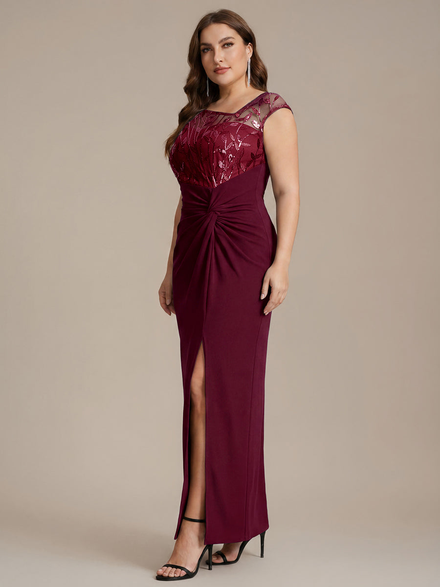 Robe longue moulante asymétrique à manches courtes en sequins extensibles #Couleur_Bordeaux