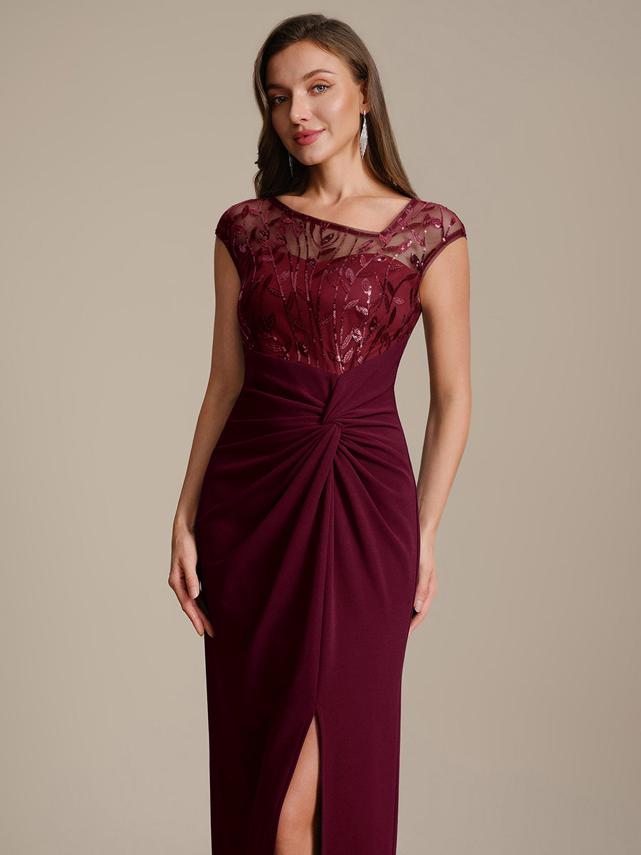 Robe longue moulante asymétrique à manches courtes en sequins extensibles #Couleur_Bordeaux