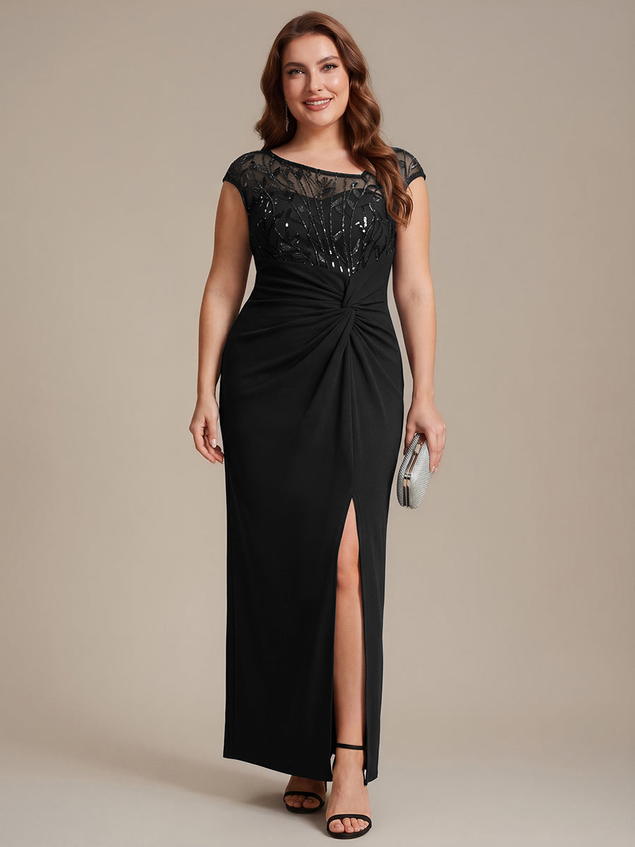 Robe longue moulante asymétrique à manches courtes en sequins extensibles #Couleur_Noir
