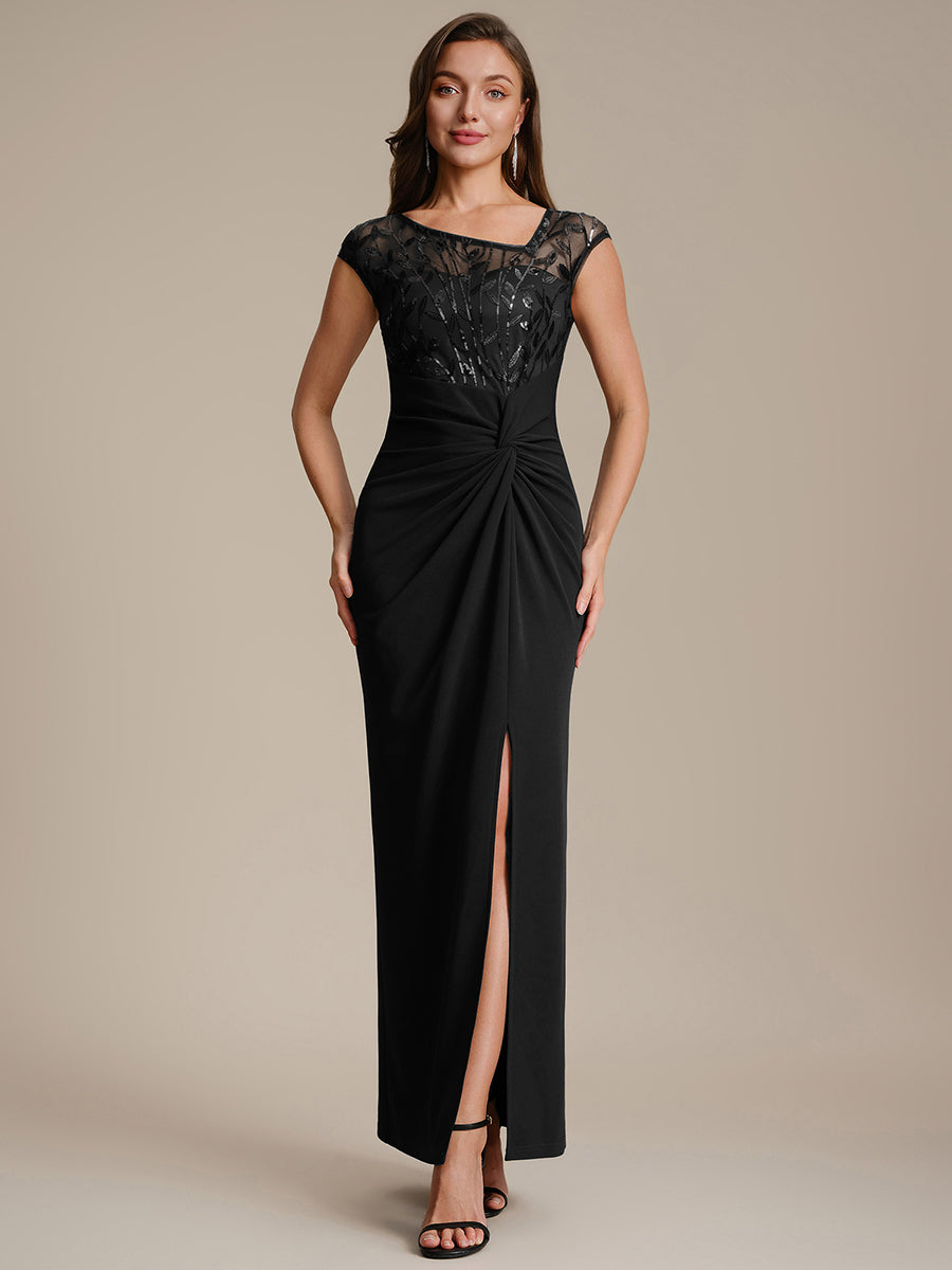 Robe longue moulante asymétrique à manches courtes en sequins extensibles #Couleur_Noir