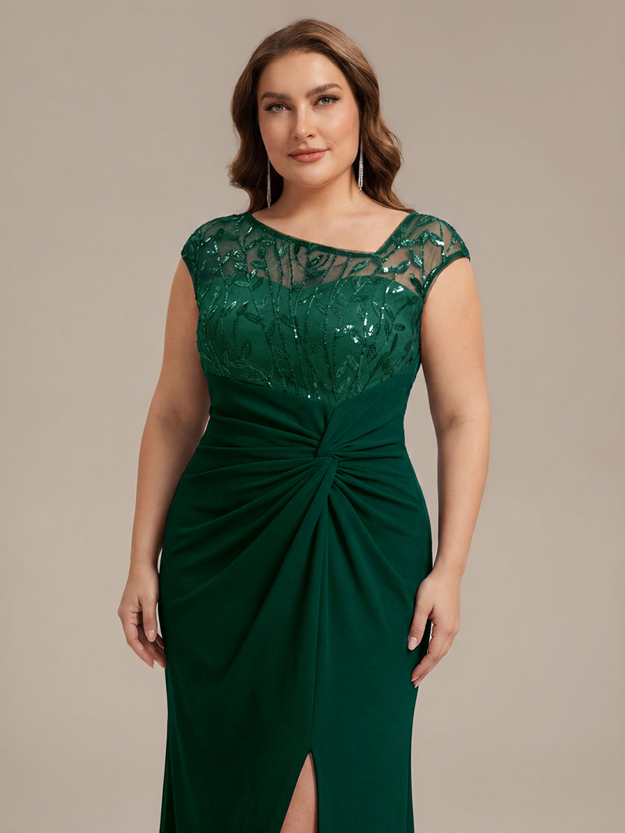 Robe longue moulante asymétrique à manches courtes en sequins extensibles #Couleur_Vert Fonce