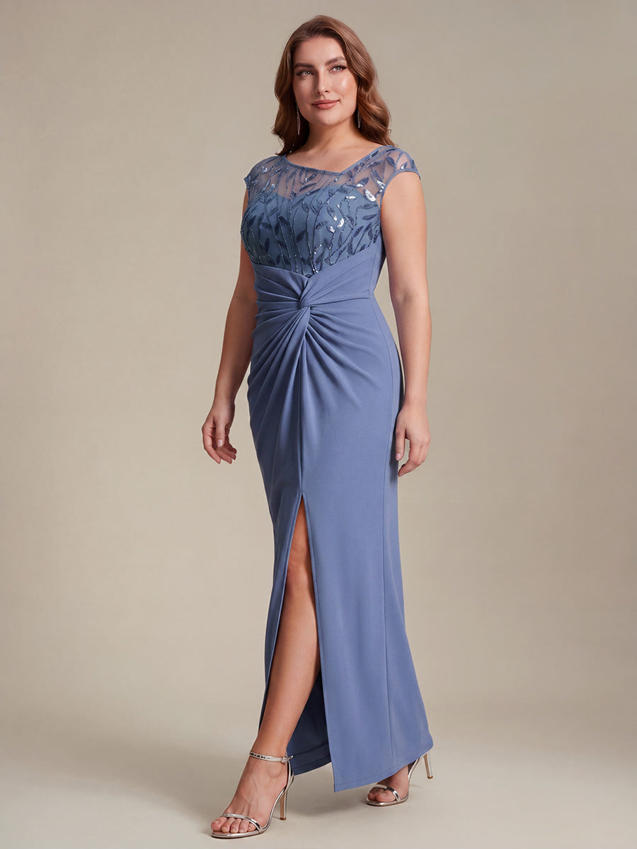 Robe longue moulante asymétrique à manches courtes en sequins extensibles #Couleur_Marine Fume
