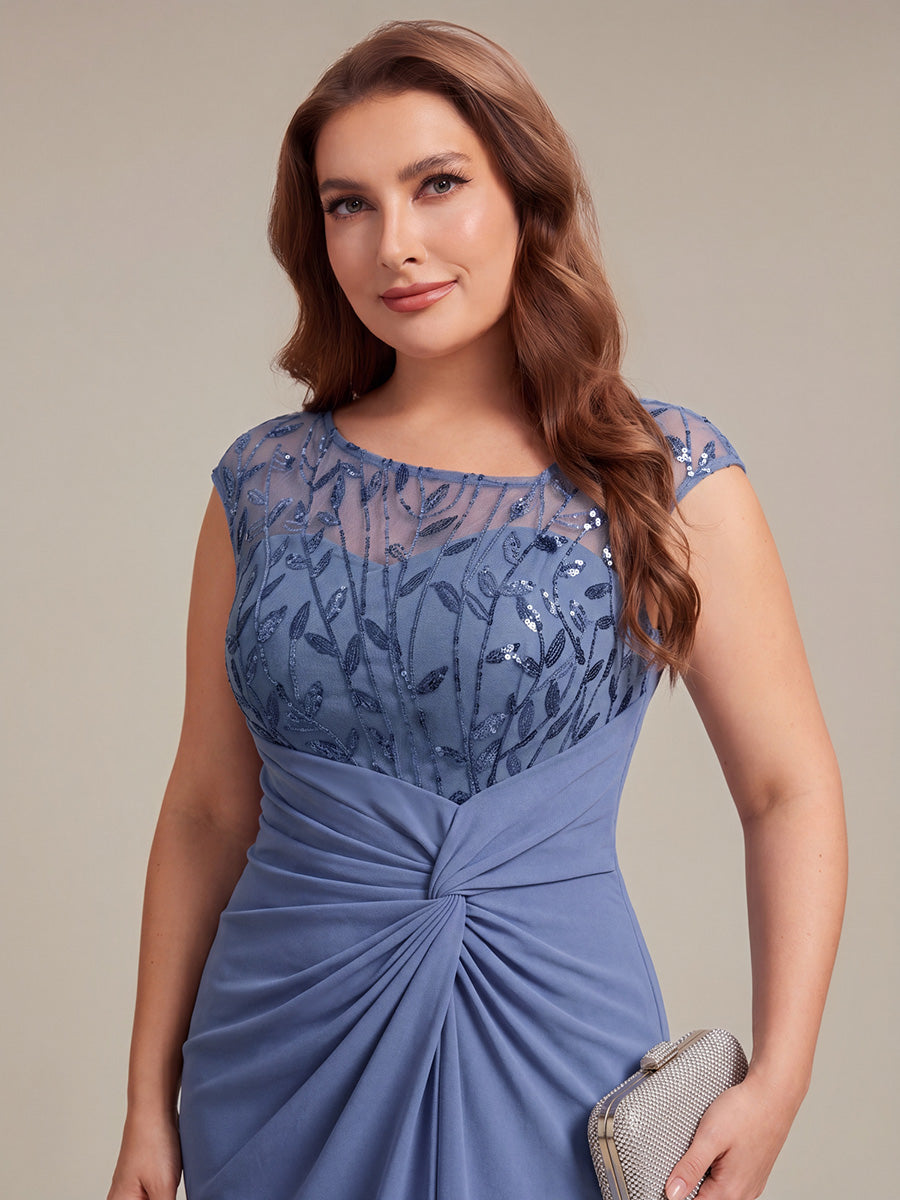 Robe longue moulante asymétrique à manches courtes en sequins extensibles #Couleur_Marine Fume