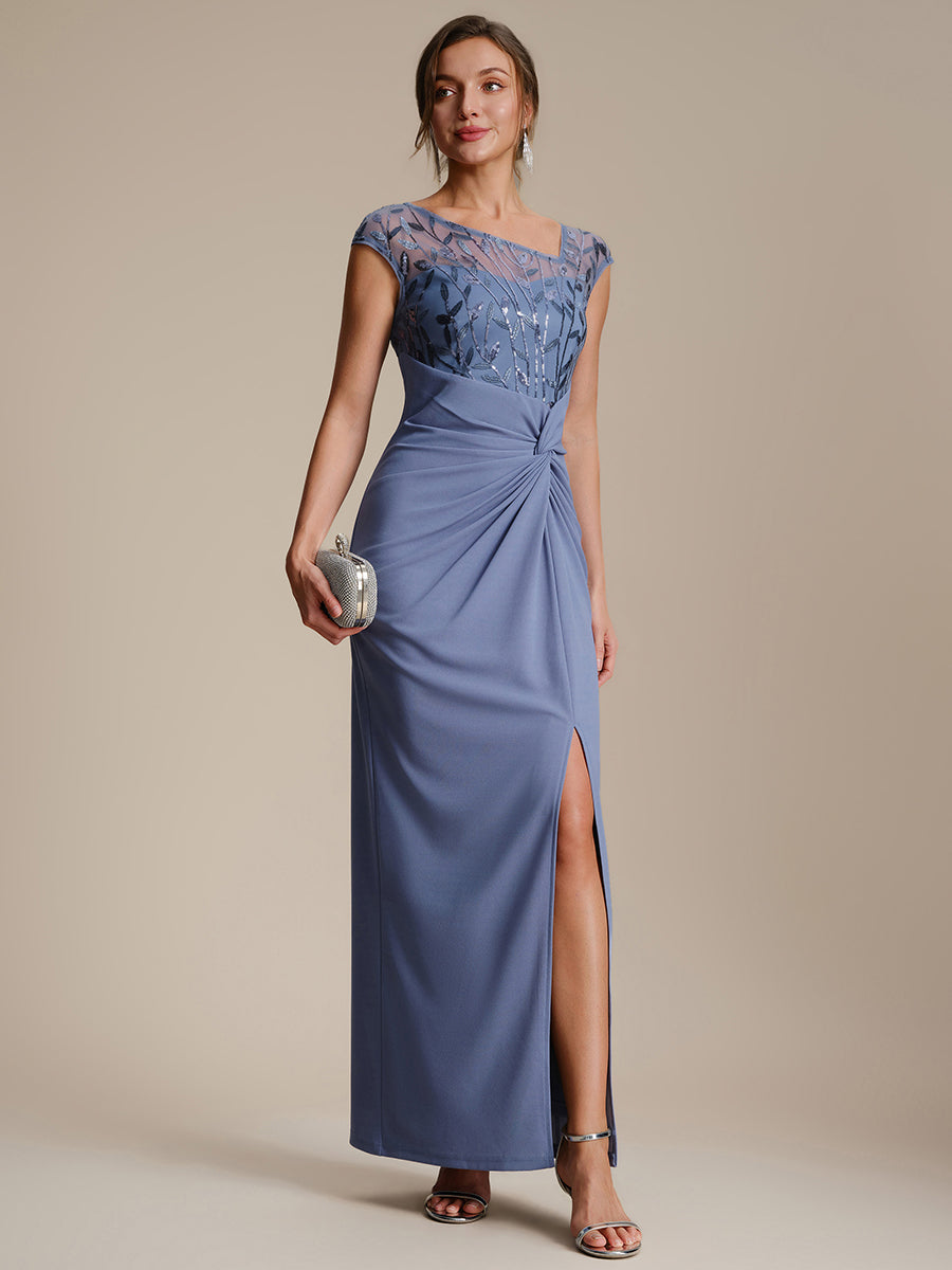 Robe longue moulante asymétrique à manches courtes en sequins extensibles #Couleur_Marine Fume