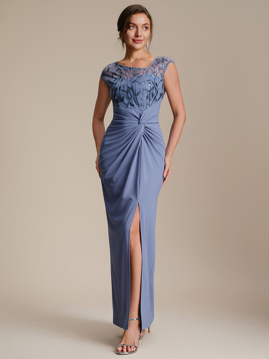 Robe longue moulante asymétrique à manches courtes en sequins extensibles #Couleur_Marine Fume