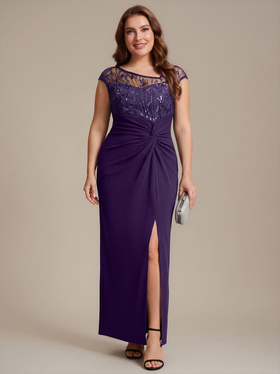 Robe longue moulante asymétrique à manches courtes en sequins extensibles #Couleur_Violet Fonce