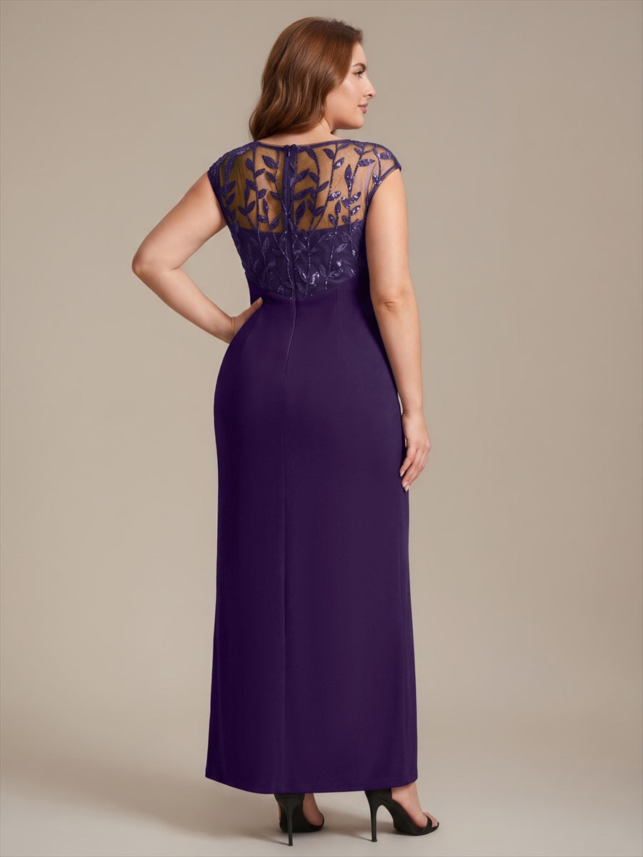 Robe longue moulante asymétrique à manches courtes en sequins extensibles #Couleur_Violet Fonce