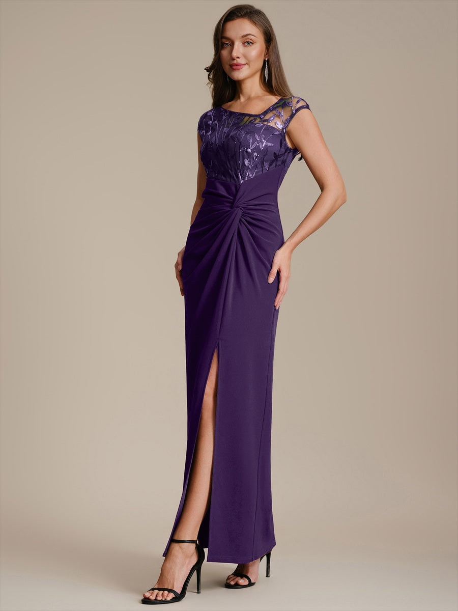 Robe longue moulante asymétrique à manches courtes en sequins extensibles #Couleur_Violet Fonce