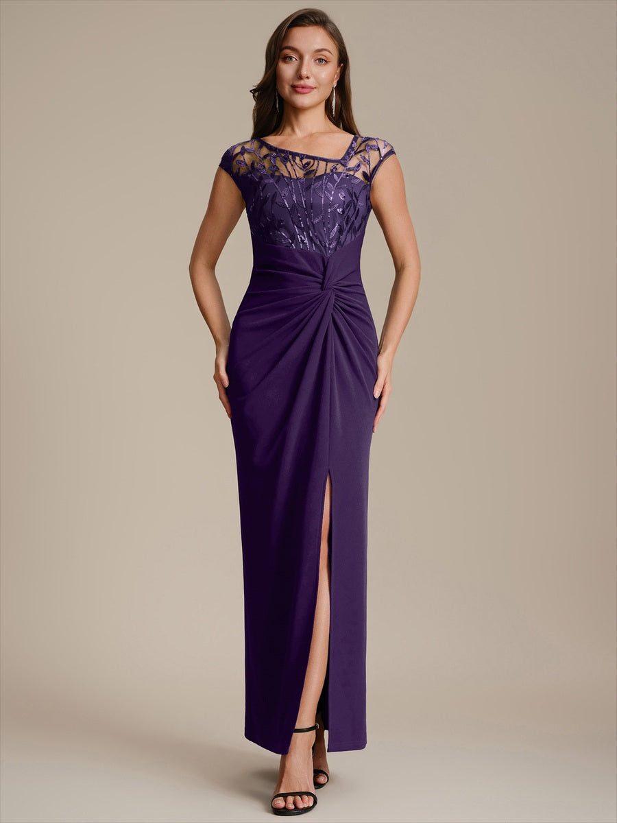 Robe longue moulante asymétrique à manches courtes en sequins extensibles #Couleur_Violet Fonce