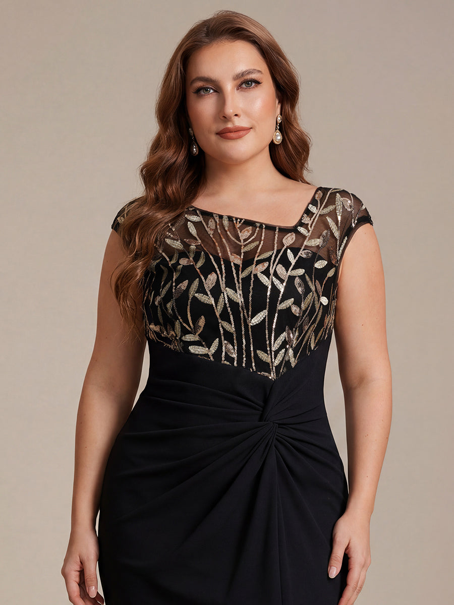 Robe longue moulante asymétrique à manches courtes en sequins extensibles #Couleur_Noir & Or