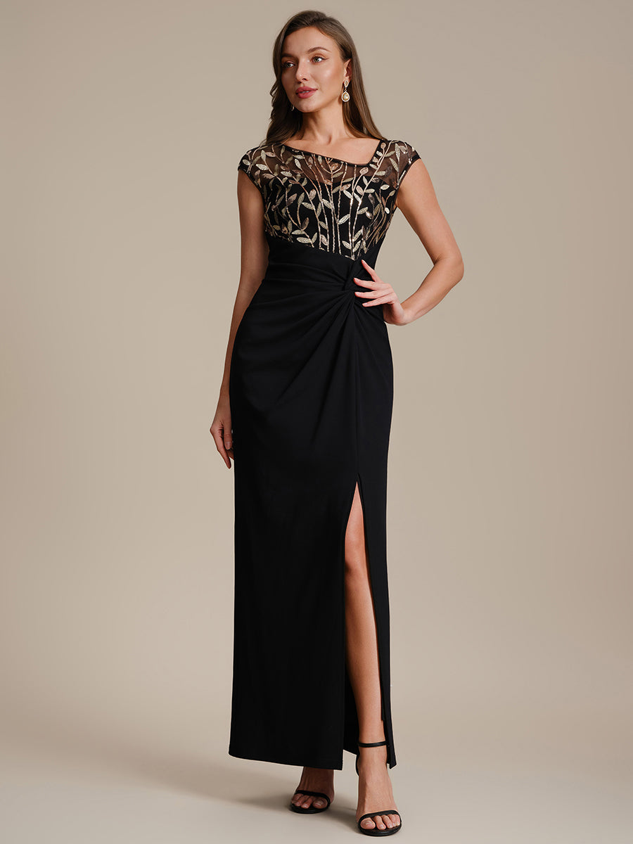 Robe longue moulante asymétrique à manches courtes en sequins extensibles #Couleur_Noir & Or