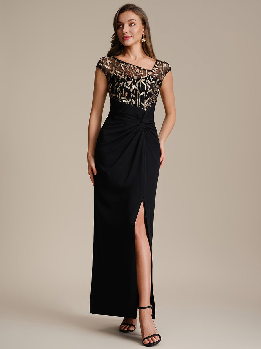 Robe longue moulante asymétrique à manches courtes en sequins extensibles #Couleur_Noir & Or