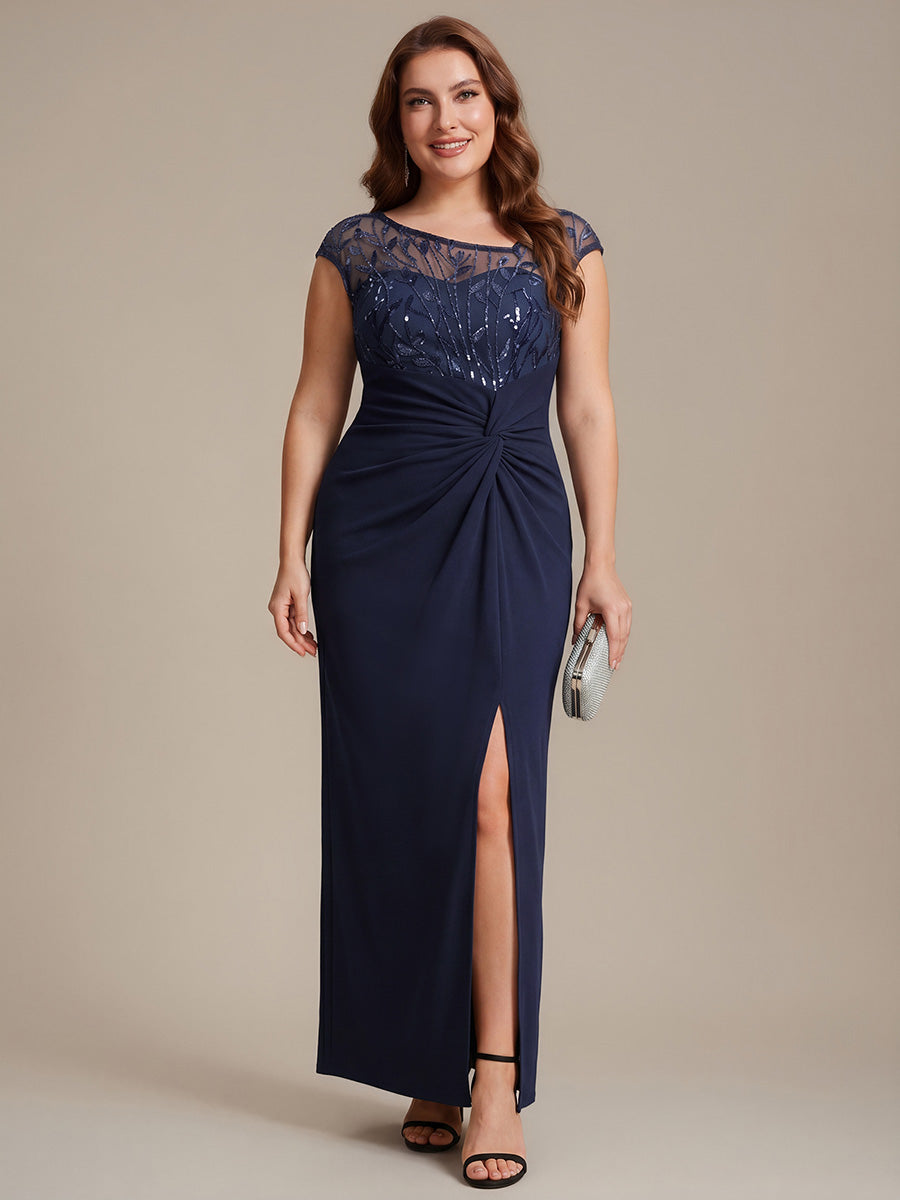 Robe longue moulante asymétrique à manches courtes en sequins extensibles #Couleur_Bleu Marine
