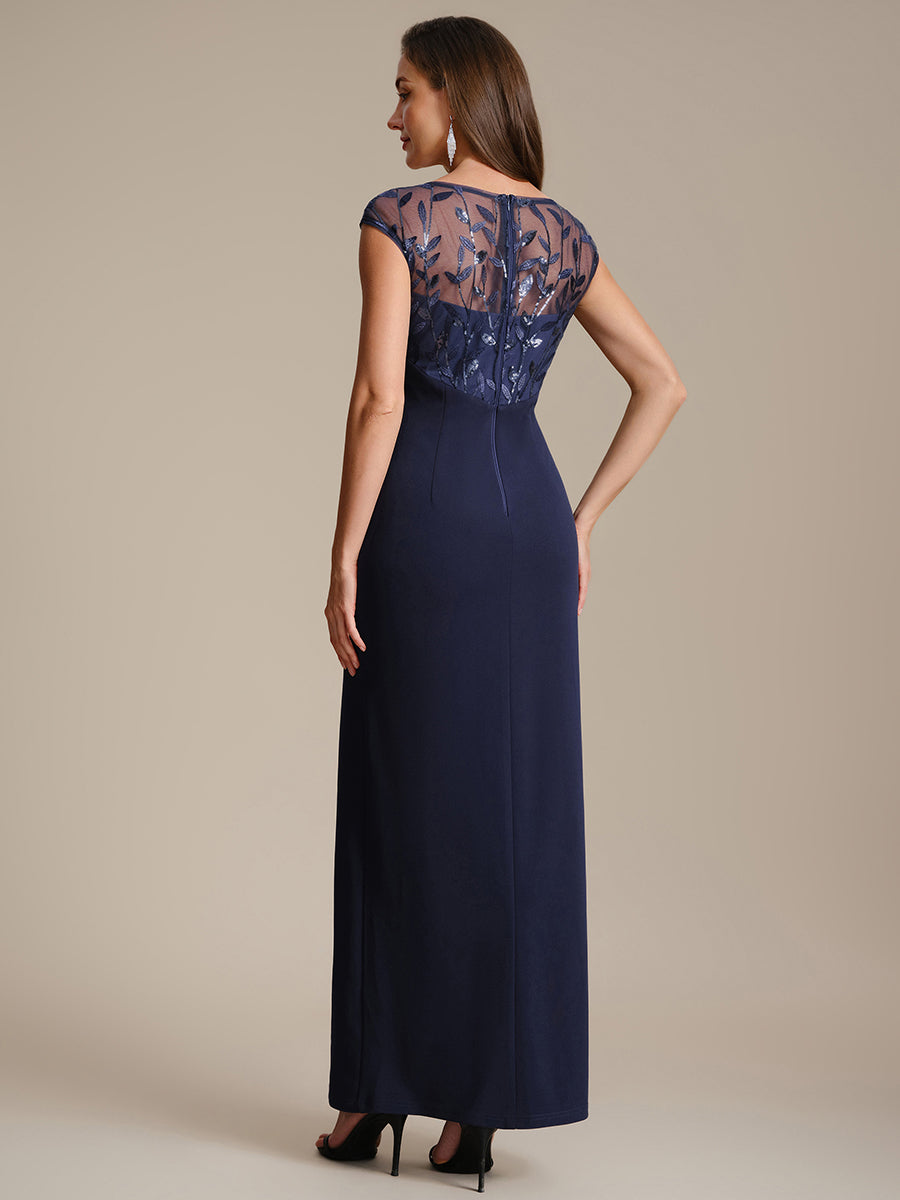 Robe longue moulante asymétrique à manches courtes en sequins extensibles #Couleur_Bleu Marine