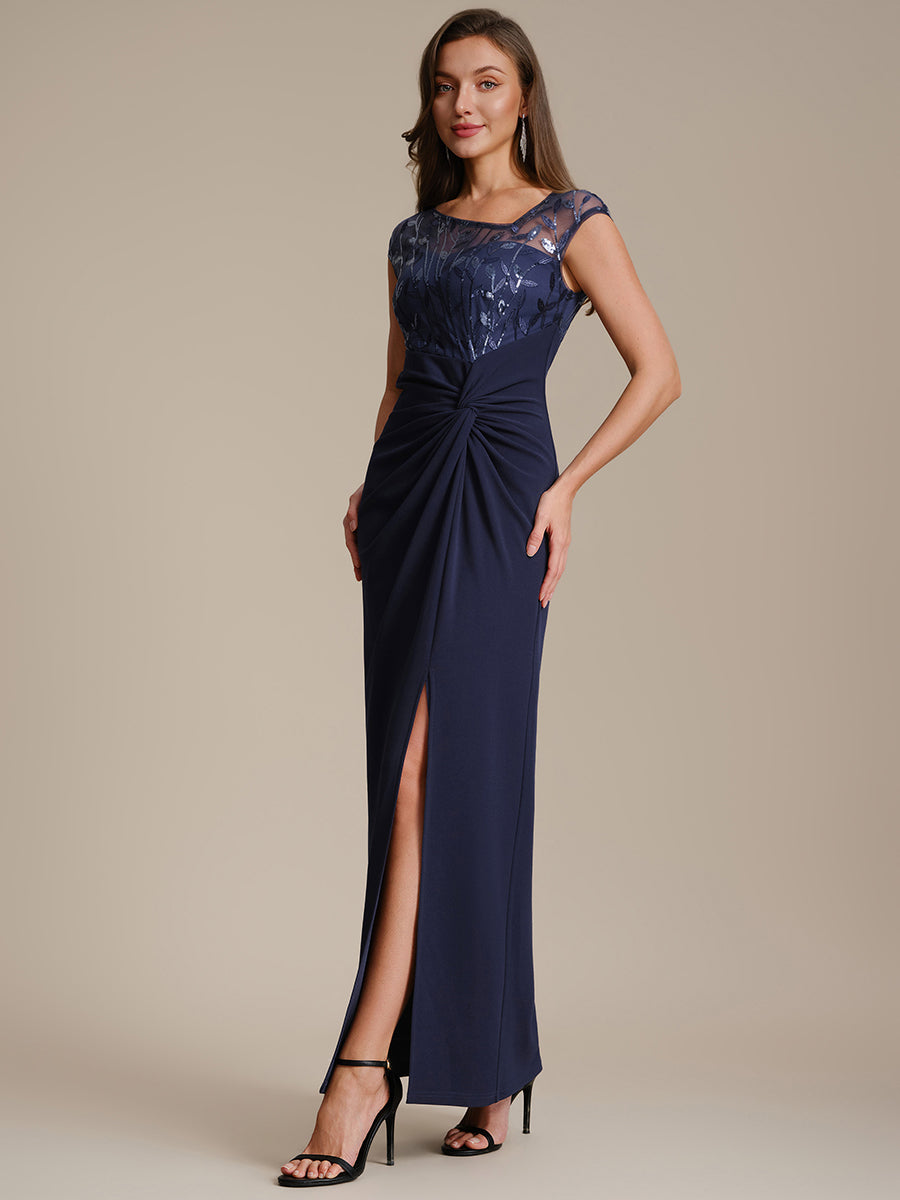 Robe longue moulante asymétrique à manches courtes en sequins extensibles #Couleur_Bleu Marine