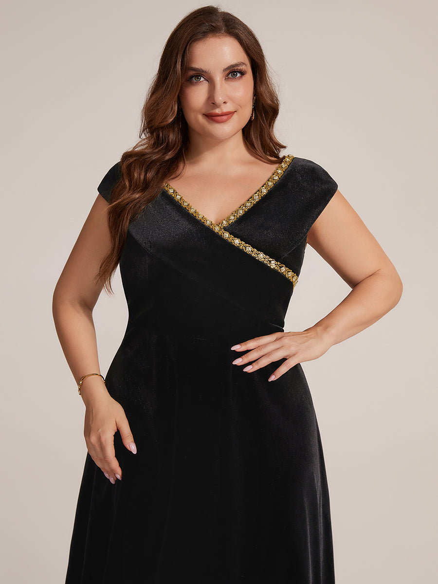 Velours Col V Coupe trapèze Fermeture zippée au dos Sans coques, avec doublure. robe mariage invitée #Couleur_Noir