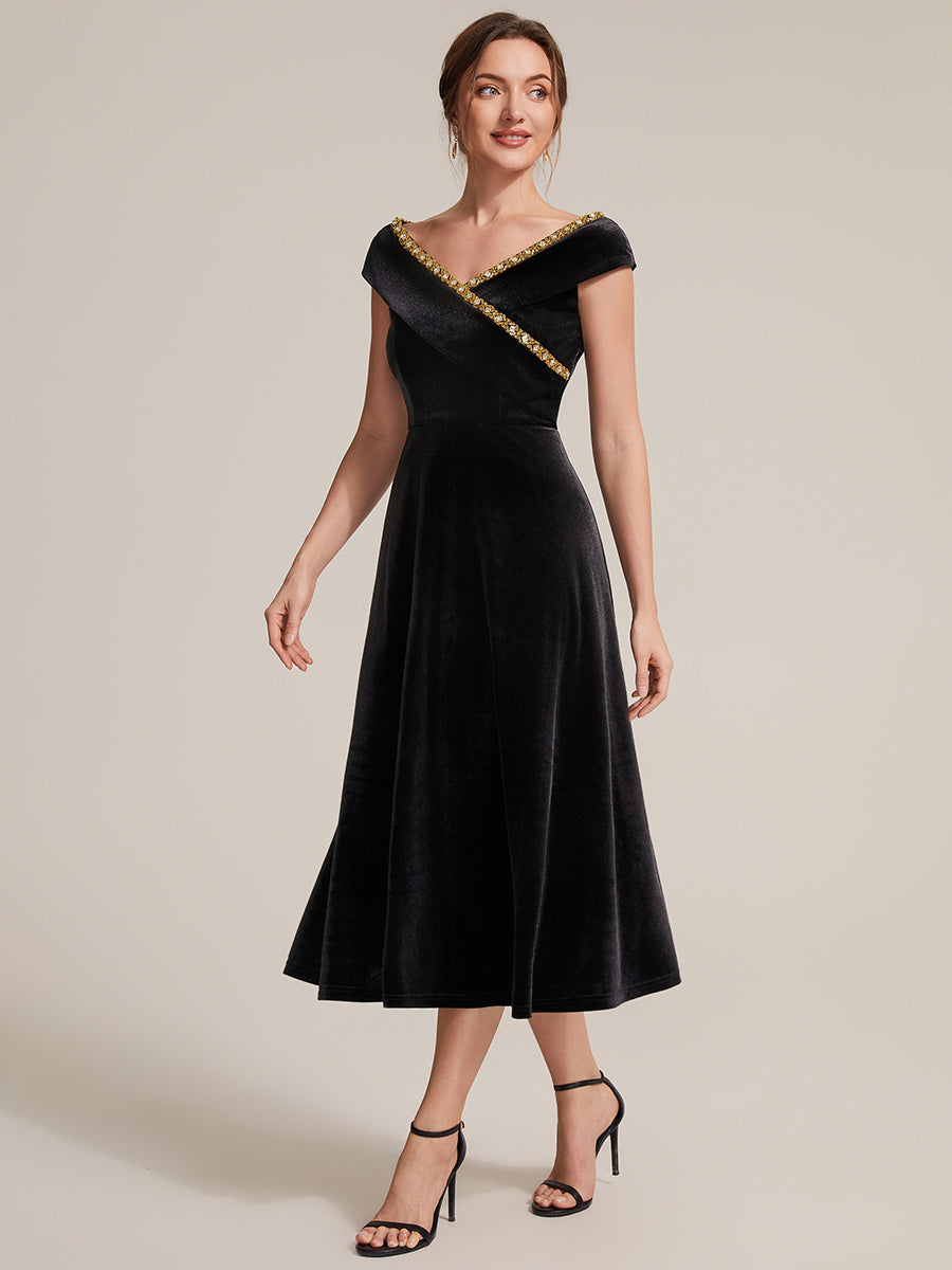 Velours Col V Coupe trapèze Fermeture zippée au dos Sans coques, avec doublure. robe mariage invitée #Couleur_Noir