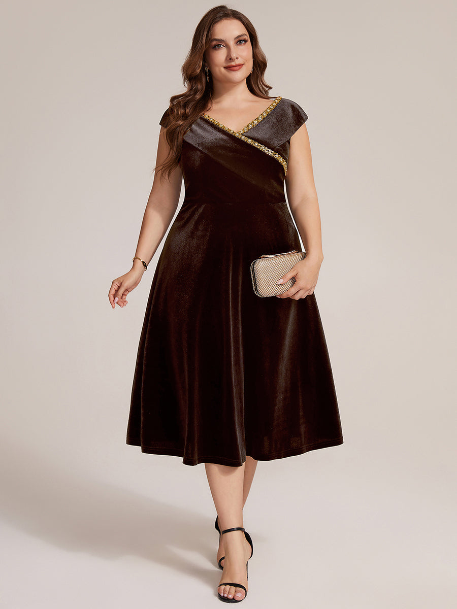 Velours Col V Coupe trapèze Fermeture zippée au dos Sans coques, avec doublure. robe mariage invitée #Couleur_Braun