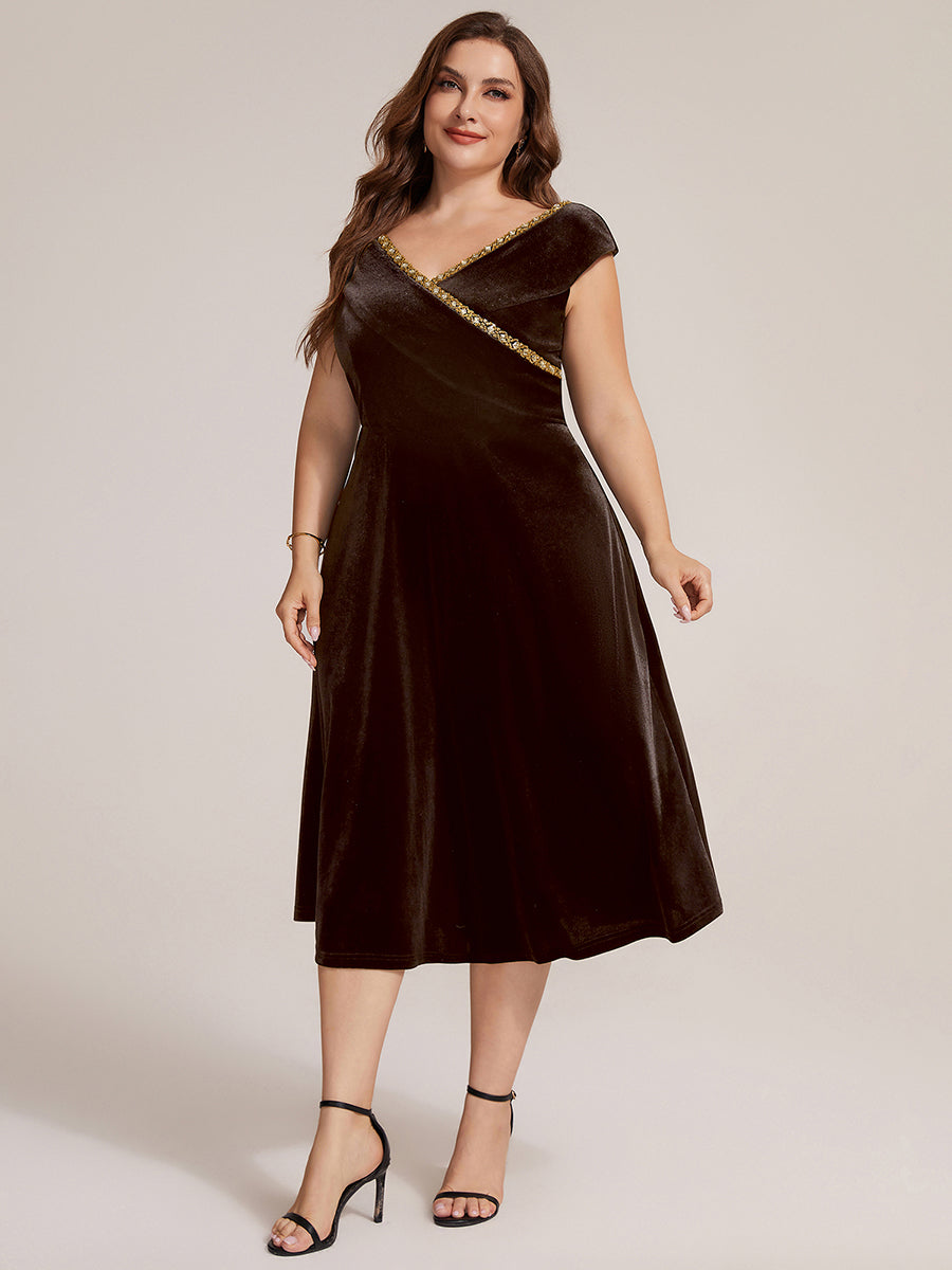 Velours Col V Coupe trapèze Fermeture zippée au dos Sans coques, avec doublure. robe mariage invitée #Couleur_Braun