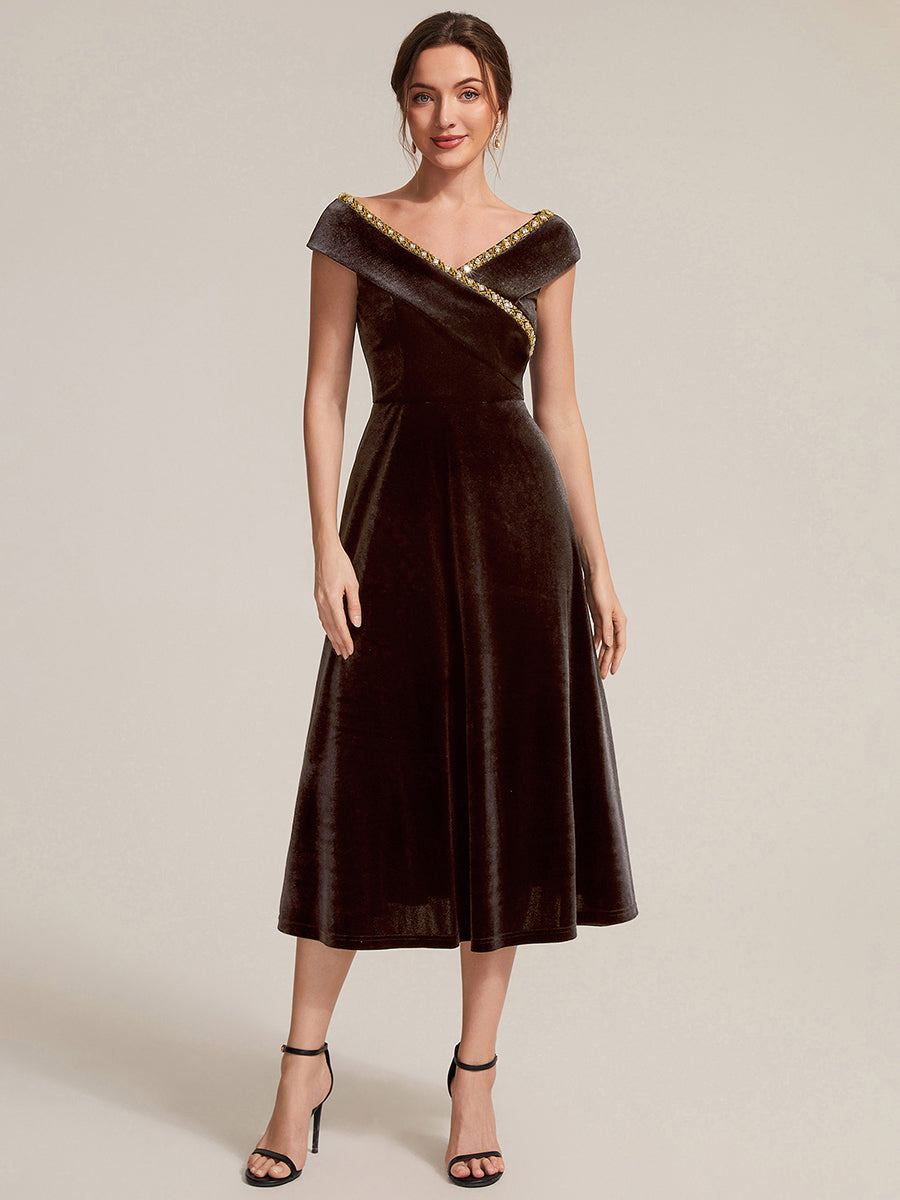 Velours Col V Coupe trapèze Fermeture zippée au dos Sans coques, avec doublure. robe mariage invitée #Couleur_Braun