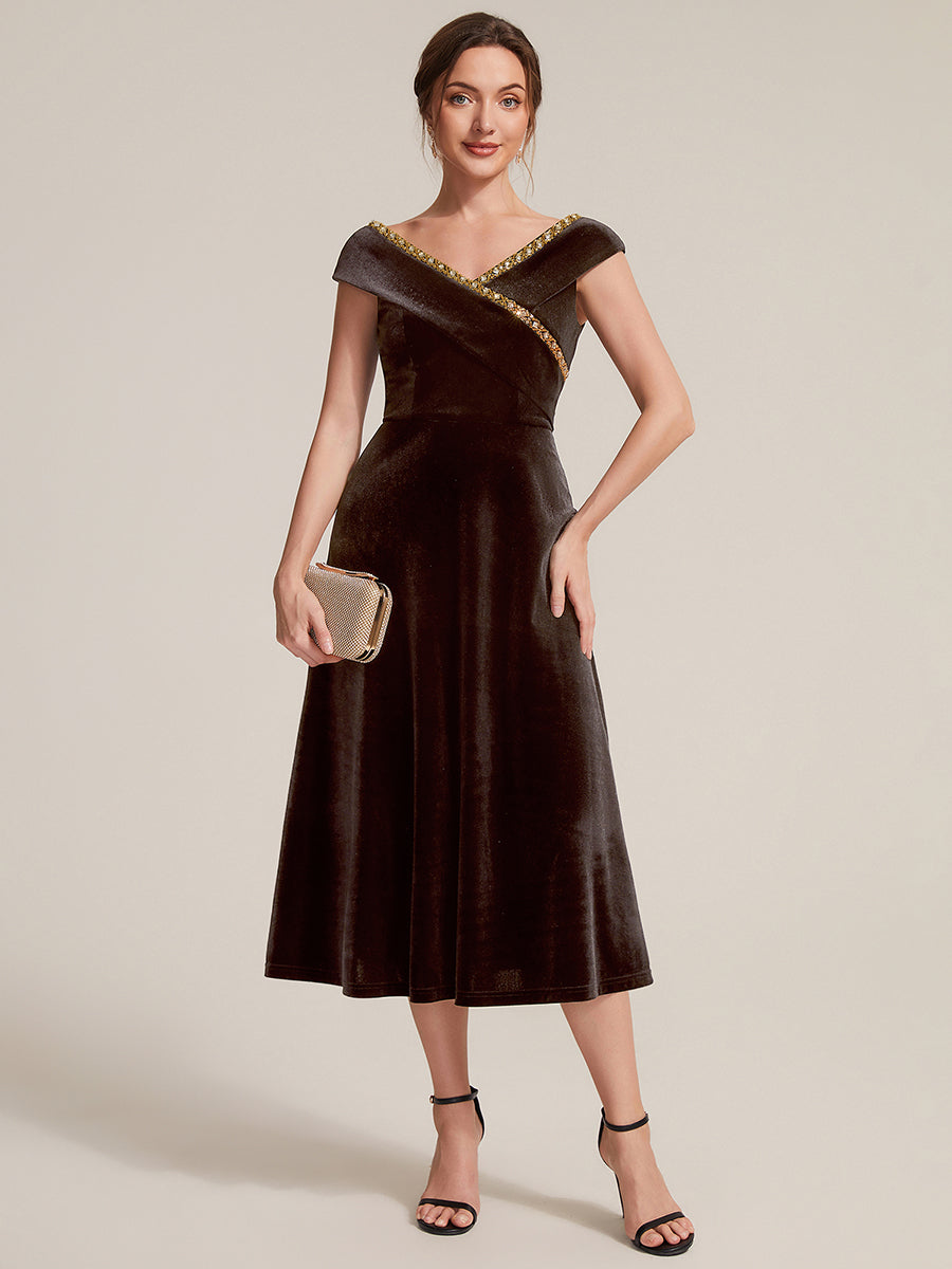 Velours Col V Coupe trapèze Fermeture zippée au dos Sans coques, avec doublure. robe mariage invitée #Couleur_Braun