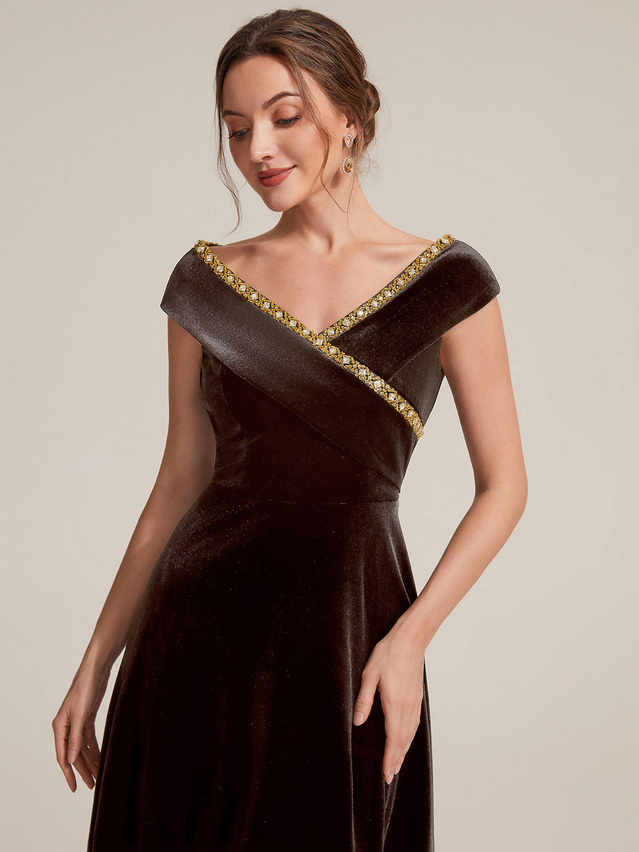 Velours Col V Coupe trapèze Fermeture zippée au dos Sans coques, avec doublure. robe mariage invitée #Couleur_Braun