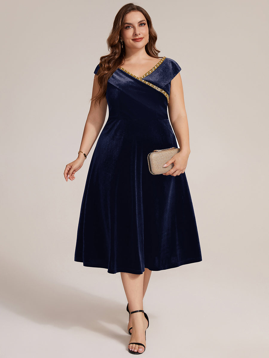 Velours Col V Coupe trapèze Fermeture zippée au dos Sans coques, avec doublure. robe mariage invitée #Couleur_Bleu Marine