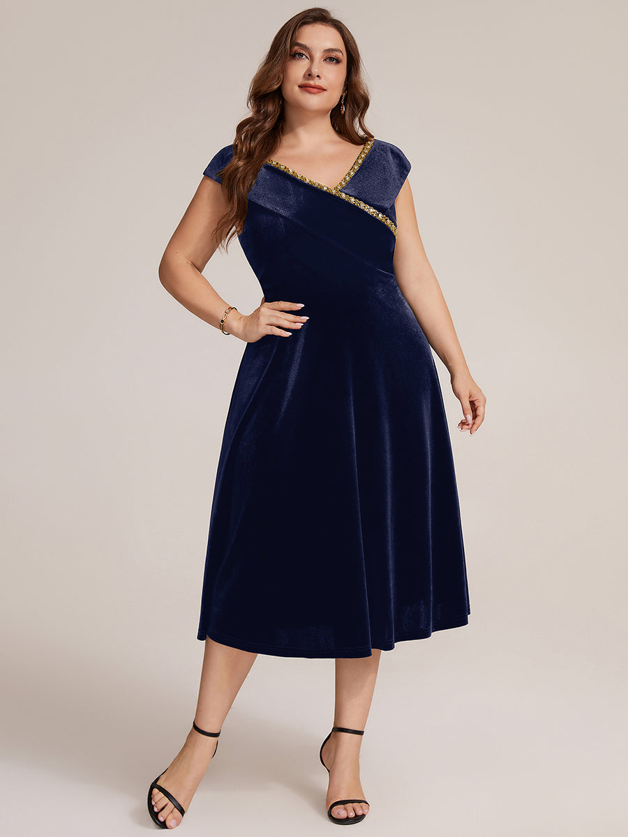 Velours Col V Coupe trapèze Fermeture zippée au dos Sans coques, avec doublure. robe mariage invitée #Couleur_Bleu Marine