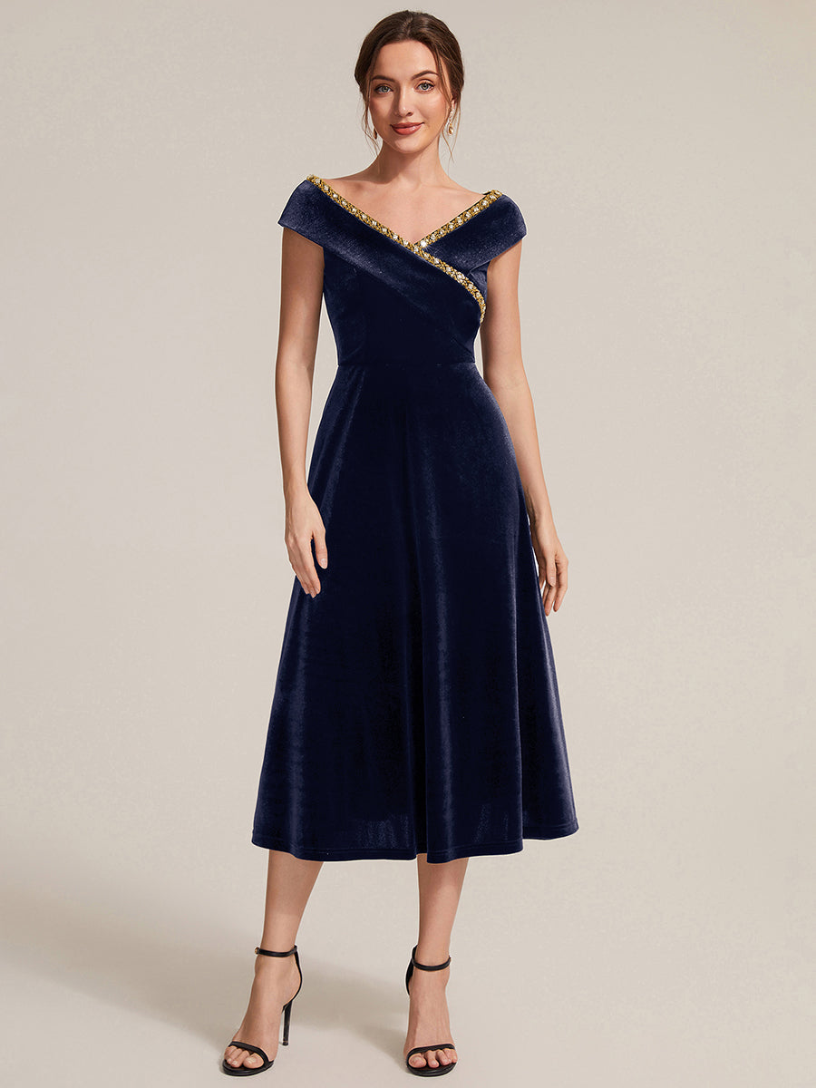 Velours Col V Coupe trapèze Fermeture zippée au dos Sans coques, avec doublure. robe mariage invitée #Couleur_Bleu Marine