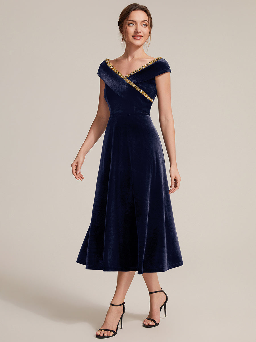 Velours Col V Coupe trapèze Fermeture zippée au dos Sans coques, avec doublure. robe mariage invitée #Couleur_Bleu Marine