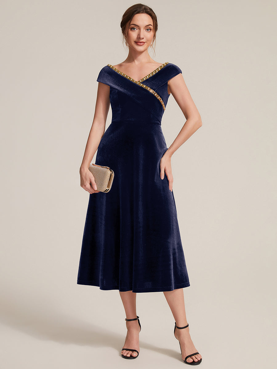 Velours Col V Coupe trapèze Fermeture zippée au dos Sans coques, avec doublure. robe mariage invitée #Couleur_Bleu Marine
