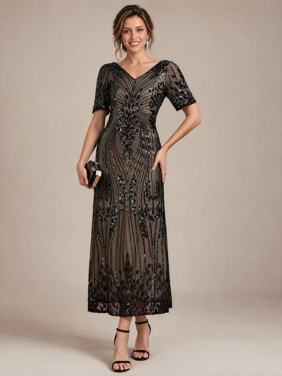 Sequins Col V Fourreau Manches courtes Fermeture zippée au dos Doublé Sans coques Robe #Couleur_Noir