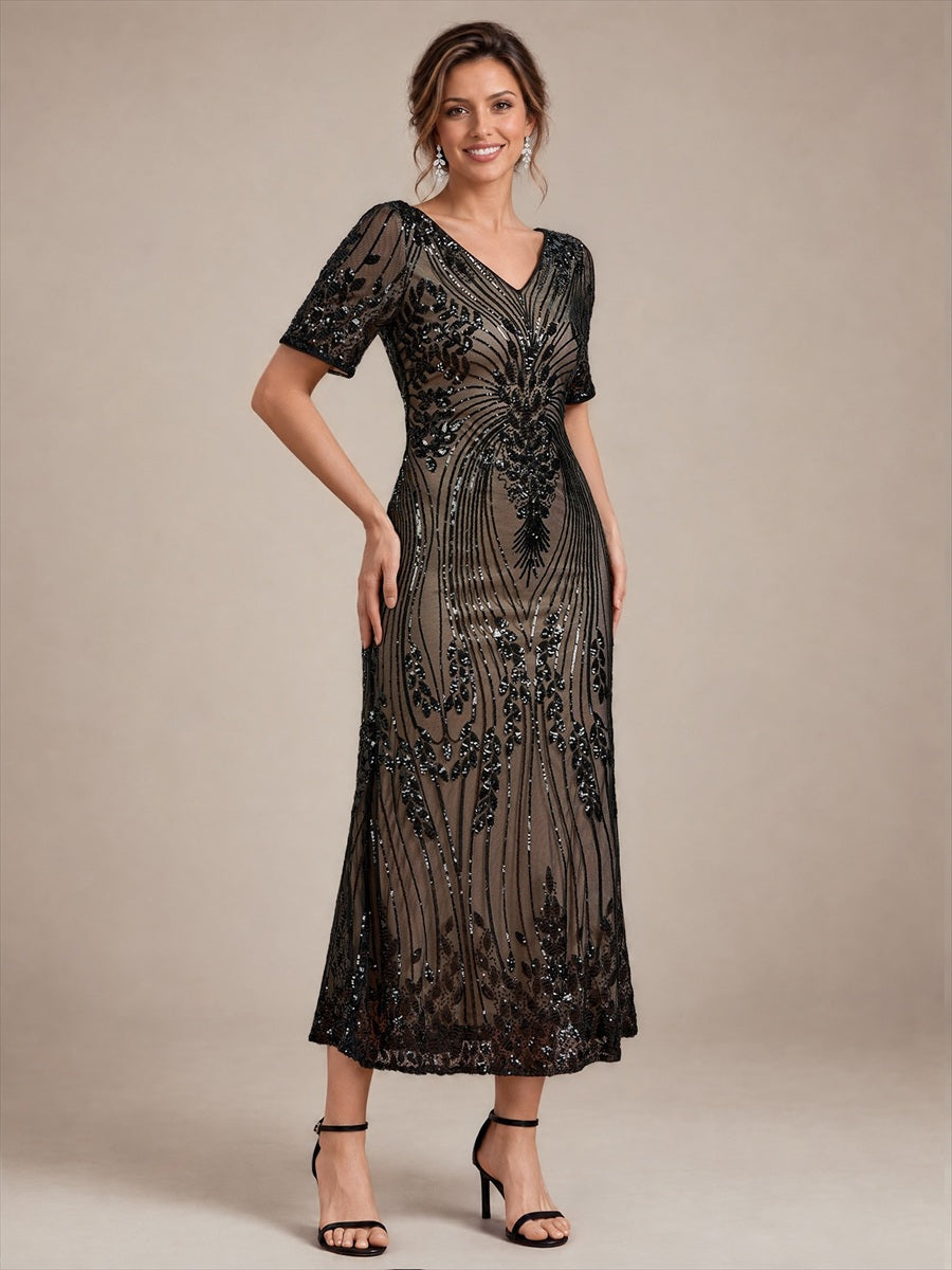 Sequins Col V Fourreau Manches courtes Fermeture zippée au dos Doublé Sans coques Robe #Couleur_Noir