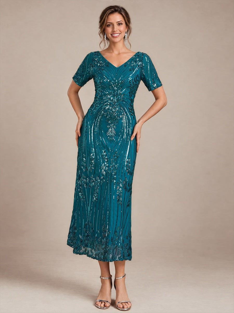 Sequins Col V Fourreau Manches courtes Fermeture zippée au dos Doublé Sans coques Robe #Couleur_Bleu