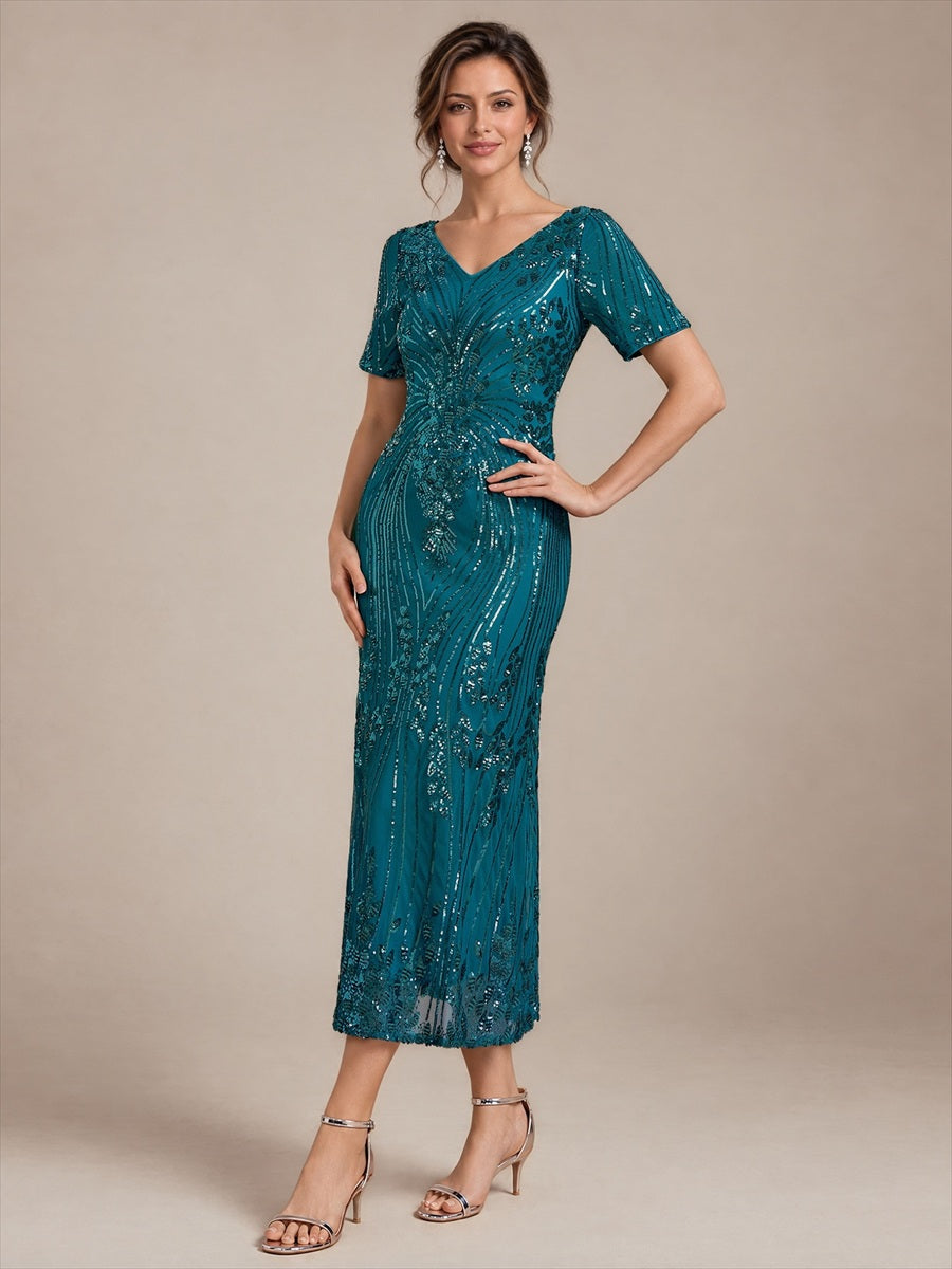Sequins Col V Fourreau Manches courtes Fermeture zippée au dos Doublé Sans coques Robe #Couleur_Bleu