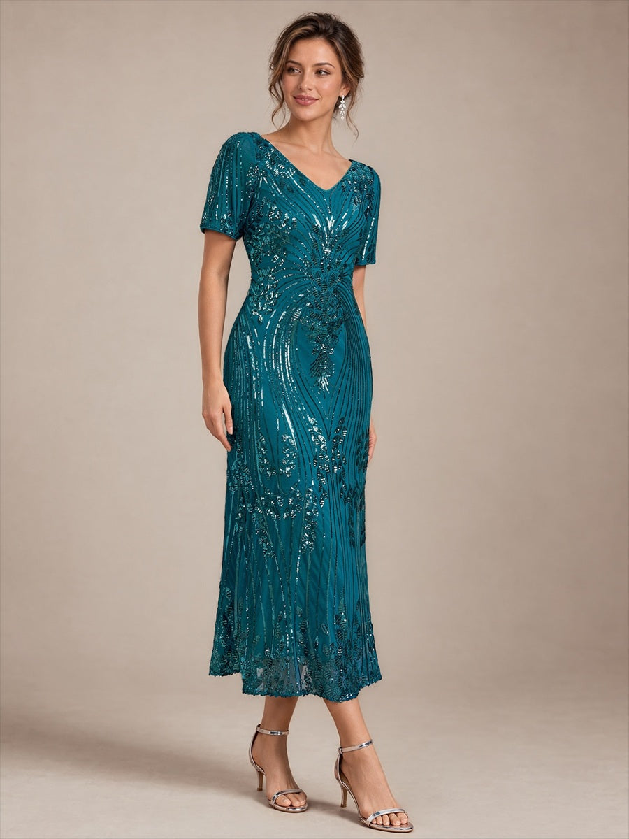 Sequins Col V Fourreau Manches courtes Fermeture zippée au dos Doublé Sans coques Robe #Couleur_Bleu