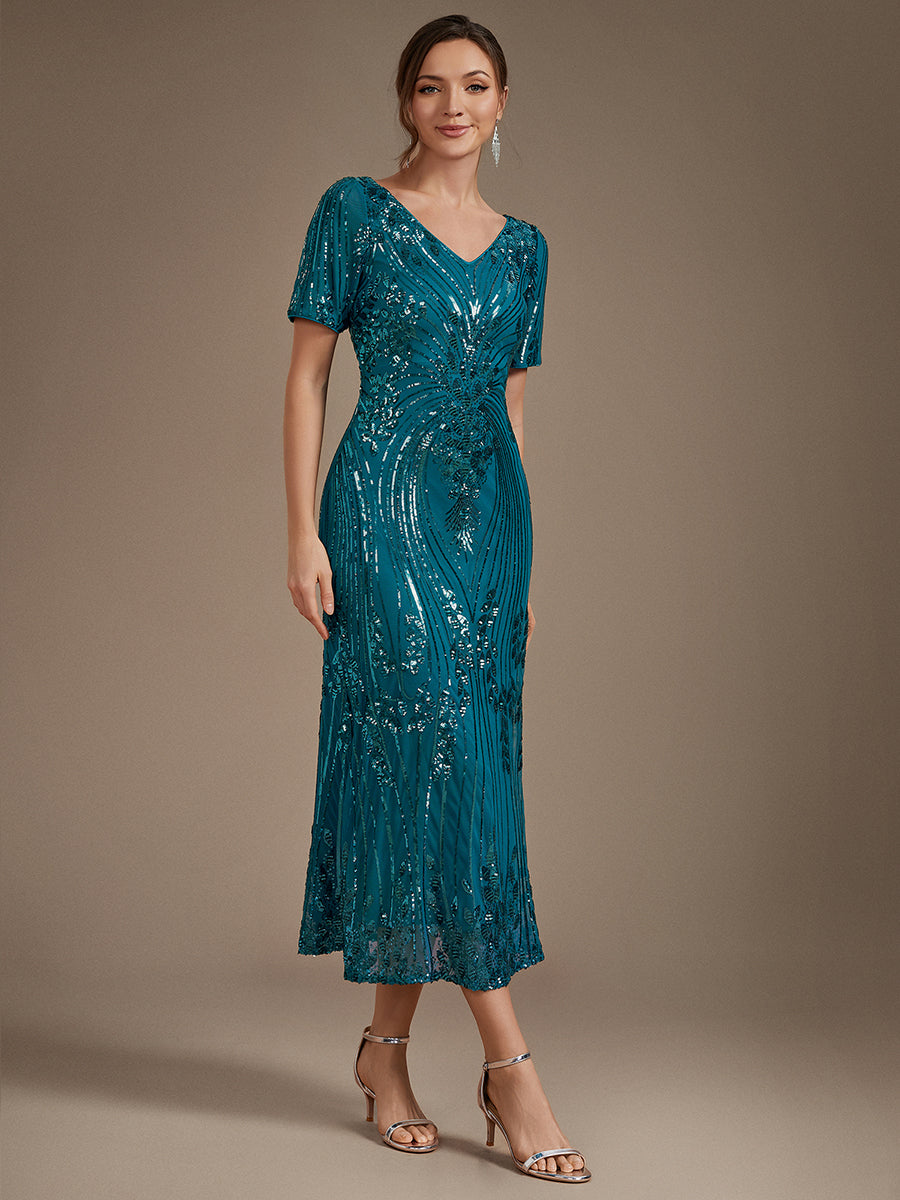 Sequins Col V Fourreau Manches courtes Fermeture zippée au dos Doublé Sans coques Robe #Couleur_Bleu Sarcelle