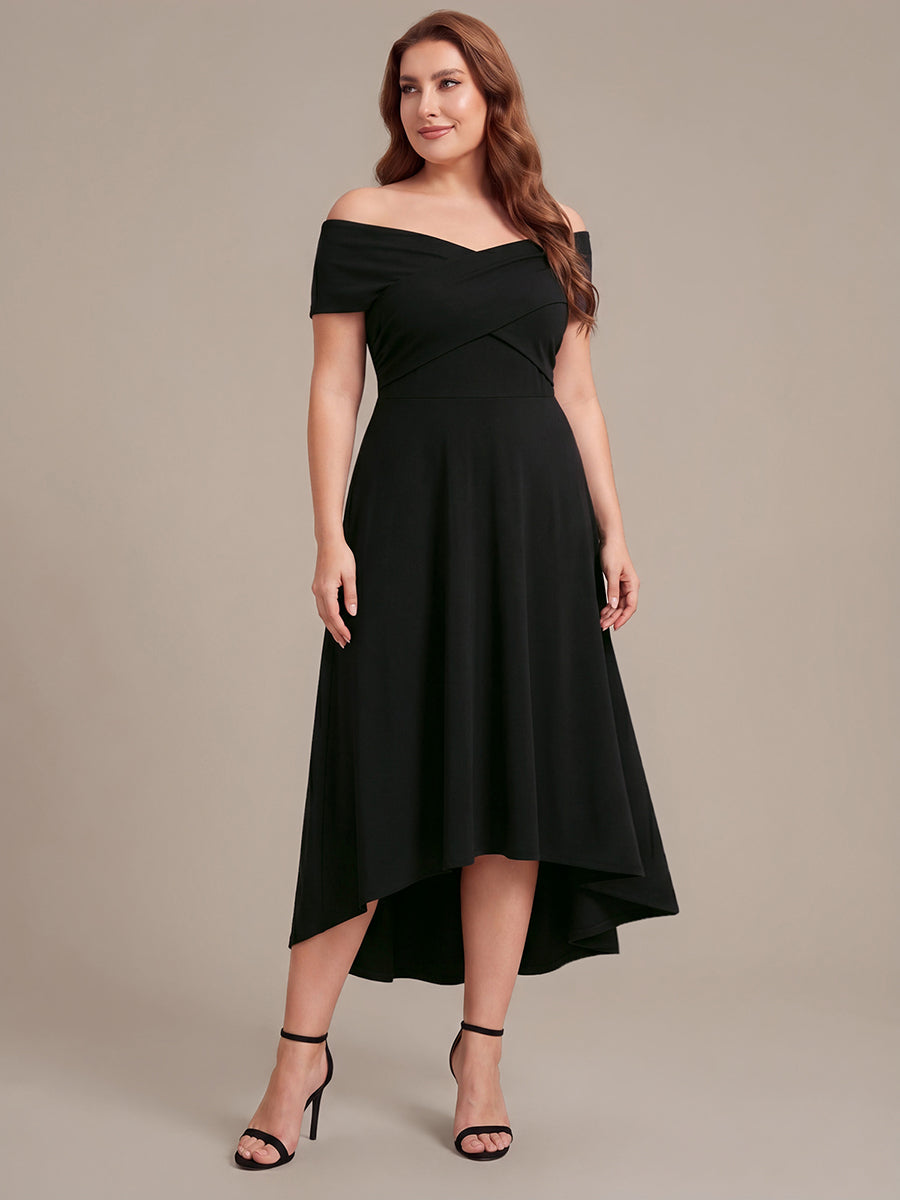 Robe ligne A asymétrique sans manches épaules dénudées col en V tissu extensible #Couleur_Noir