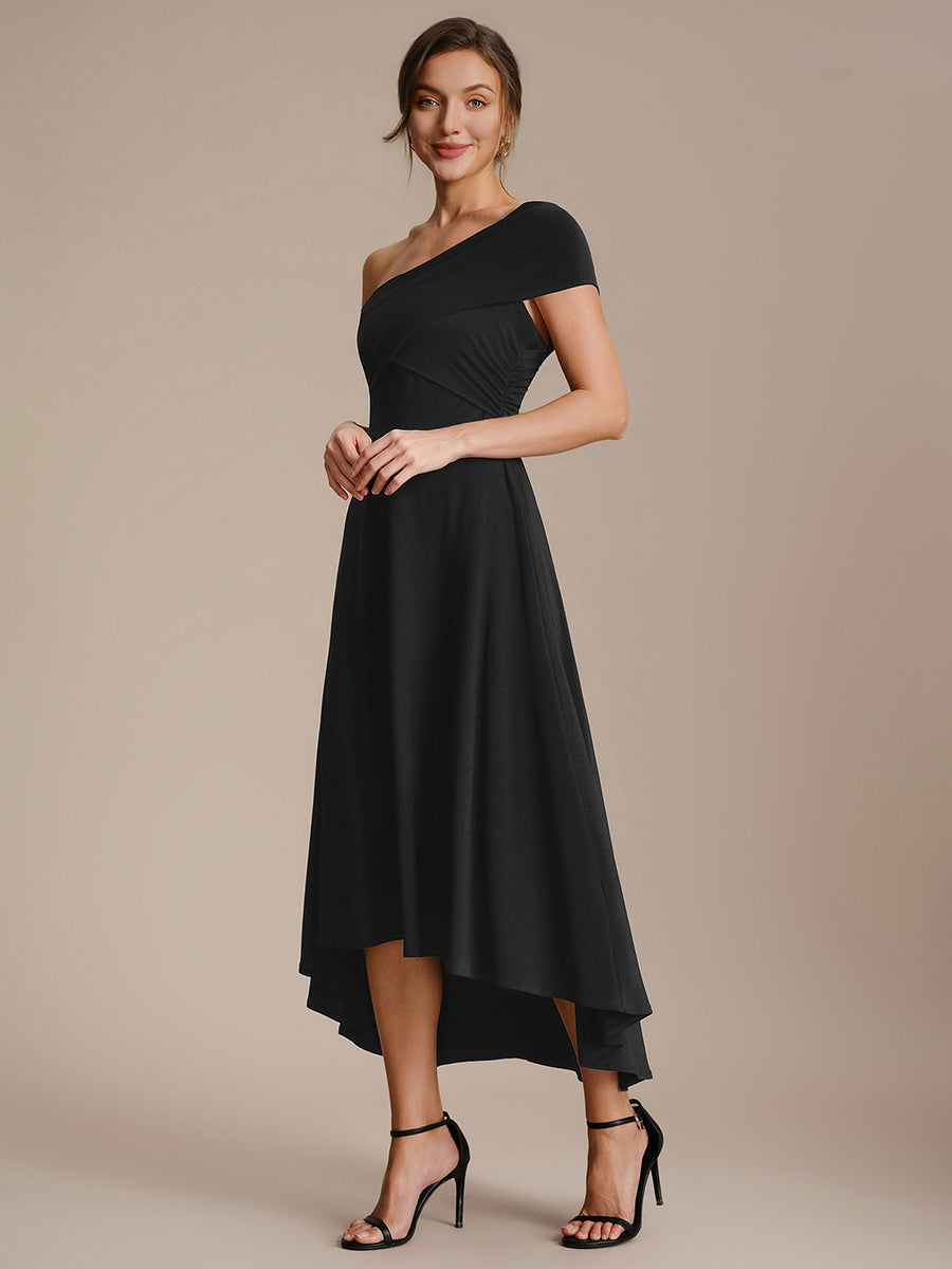 Robe ligne A asymétrique sans manches épaules dénudées col en V tissu extensible #Couleur_Noir