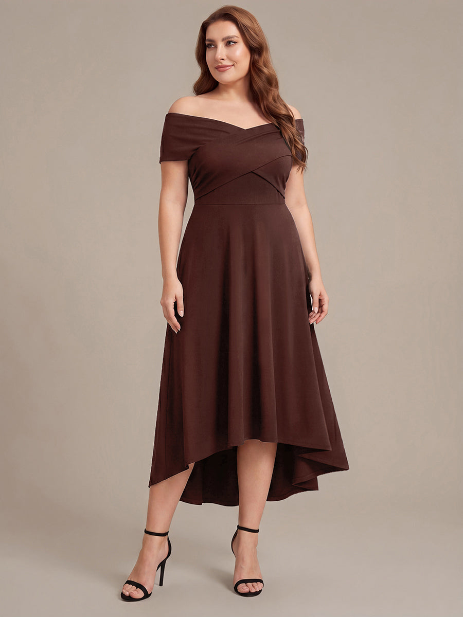 Robe ligne A asymétrique sans manches épaules dénudées col en V tissu extensible #Couleur_Marron chocolat